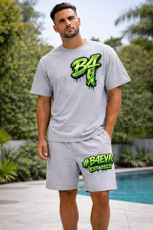 ADULTS HEATHER GREY B4EVA GRAFFITTI OVERSIZED SHORTS SET