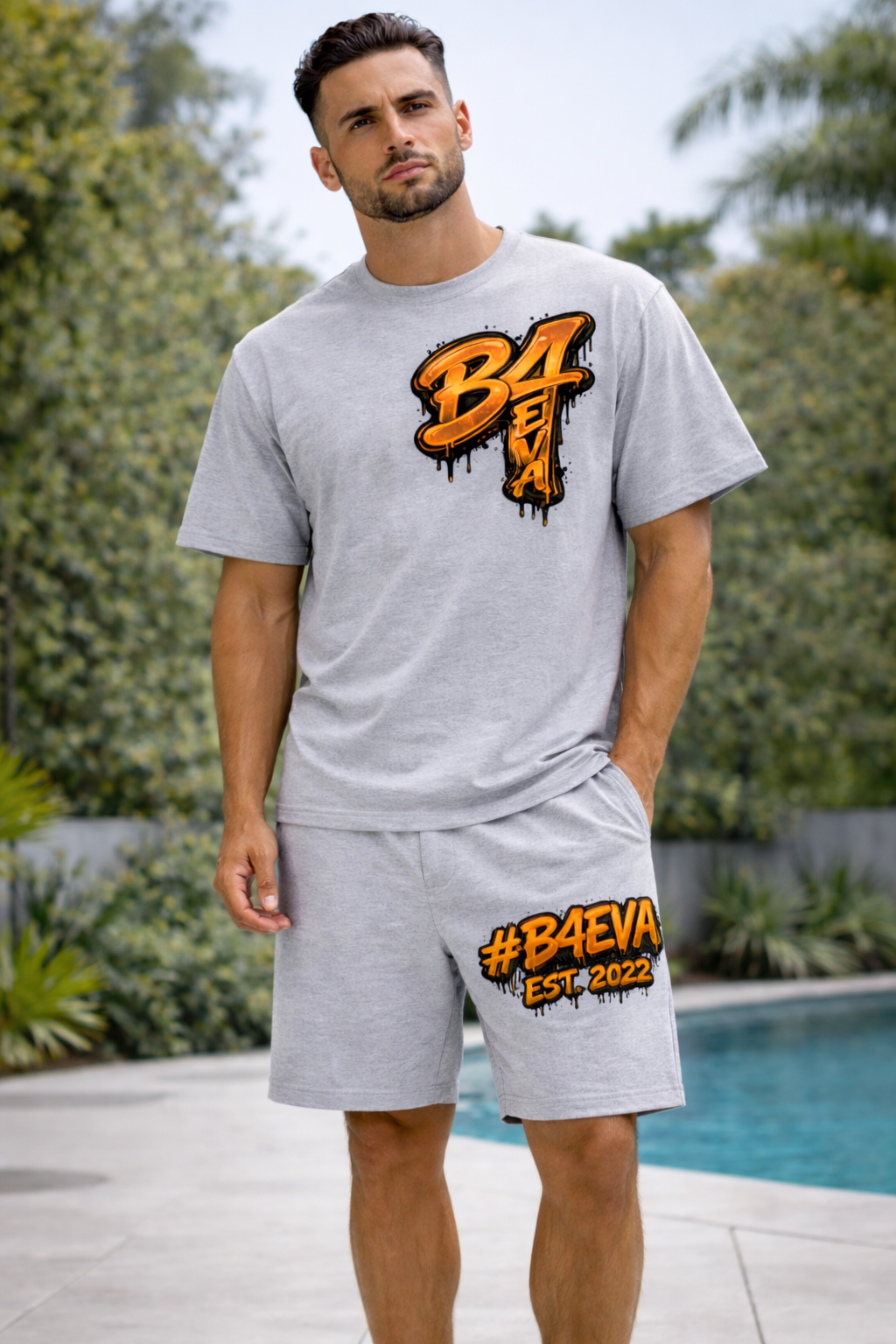 ADULTS HEATHER GREY B4EVA GRAFFITTI OVERSIZED SHORTS SET