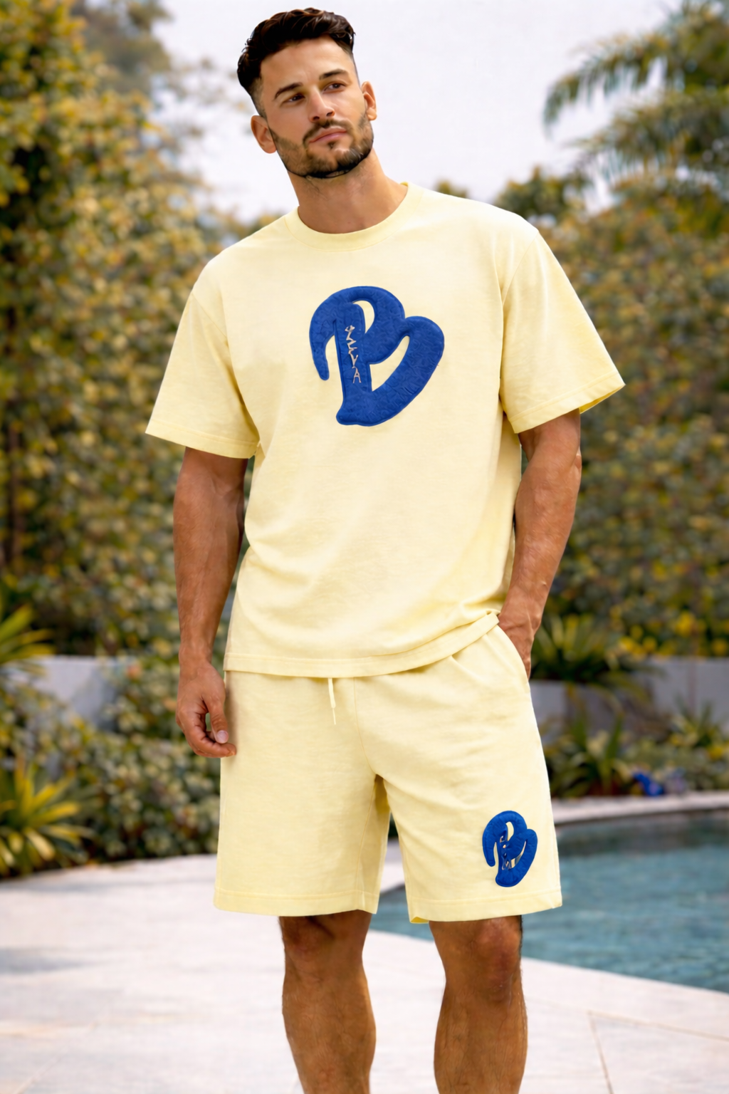 ADULTS YELLOW BEIGE BIG B OVERSIZED SHORTS SET