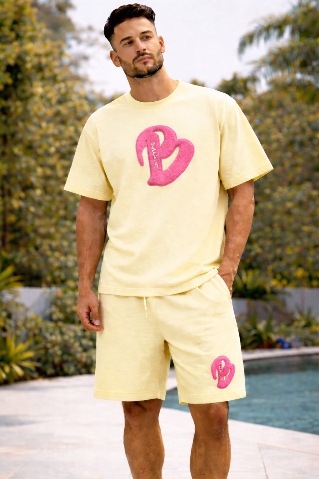 ADULTS YELLOW BEIGE BIG B OVERSIZED SHORTS SET