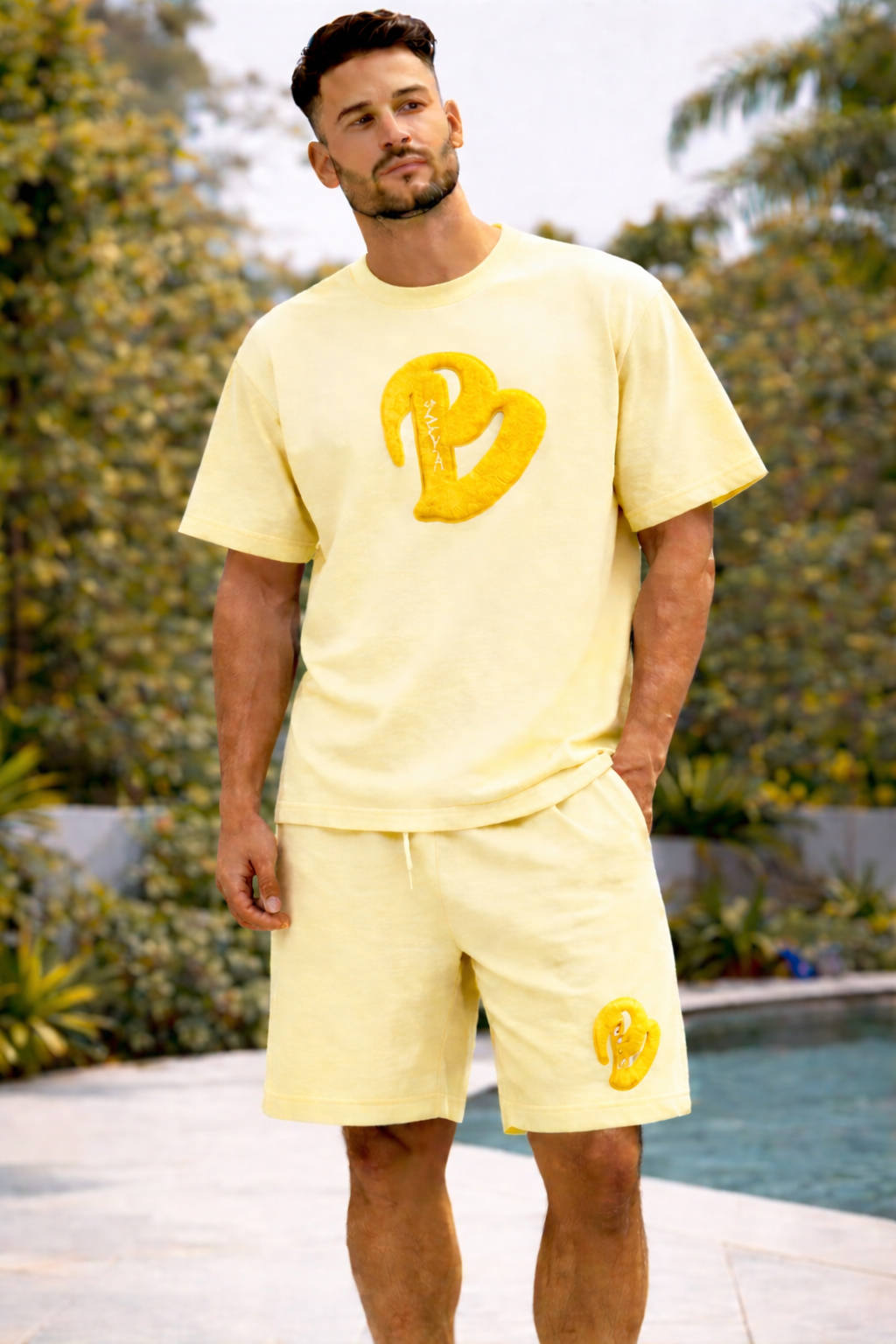ADULTS YELLOW BEIGE BIG B OVERSIZED SHORTS SET