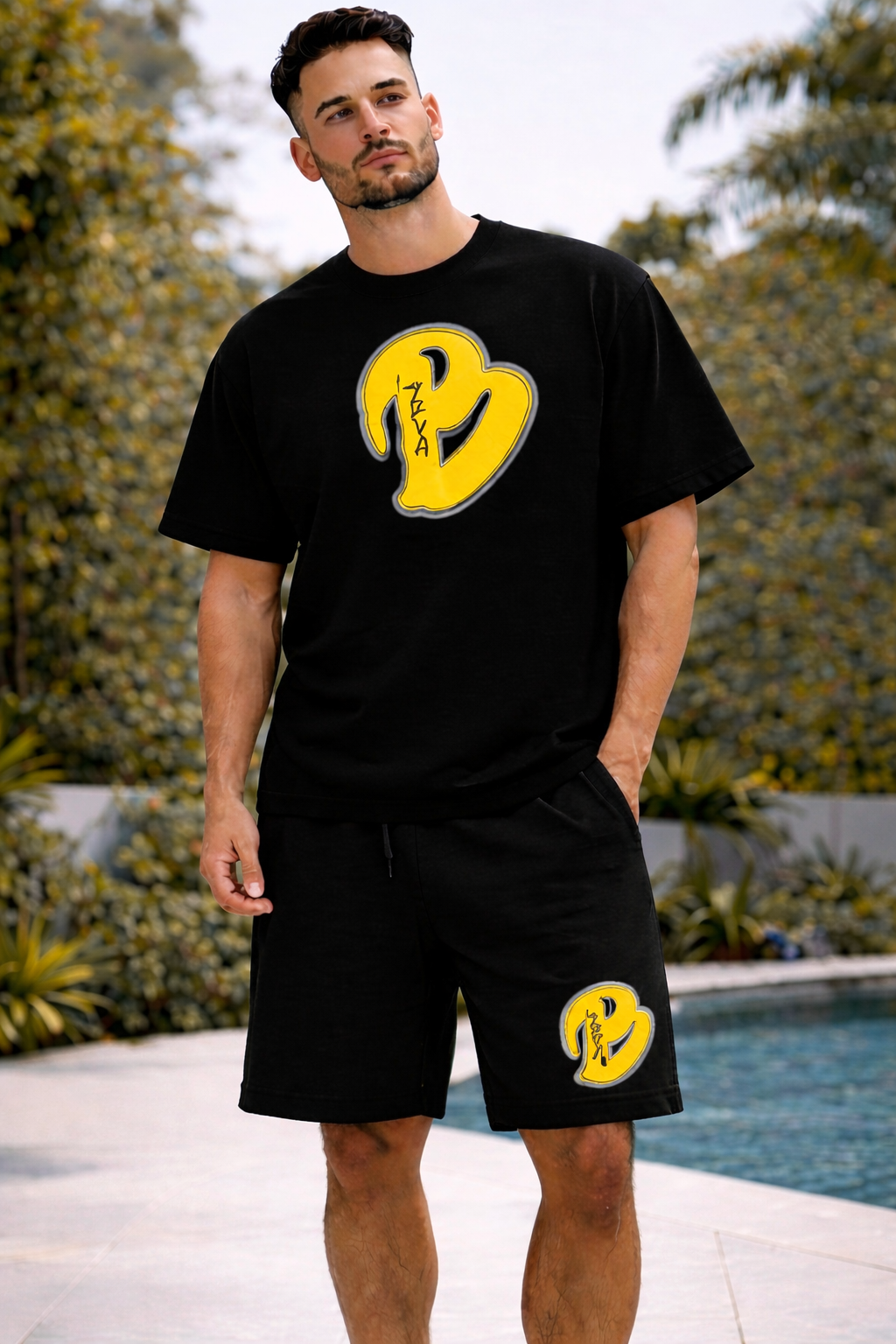 ADULTS BLACK BIG B OVERSIZED SHORTS SET