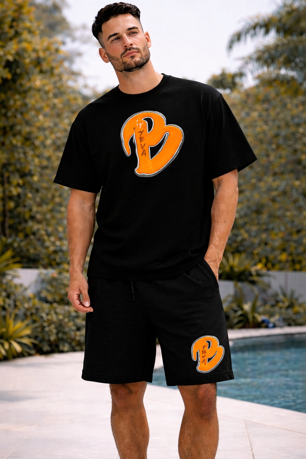 ADULTS BLACK BIG B OVERSIZED SHORTS SET