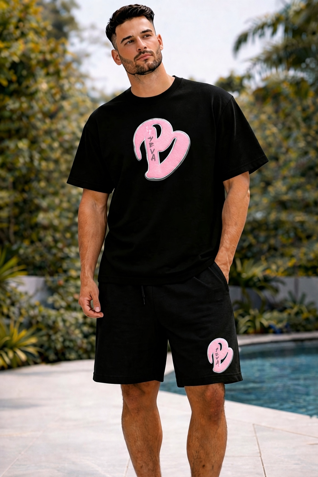 ADULTS BLACK BIG B OVERSIZED SHORTS SET
