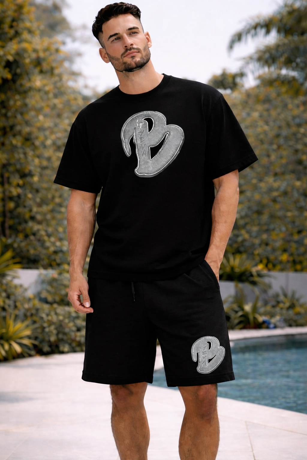 ADULTS BLACK BIG B OVERSIZED SHORTS SET