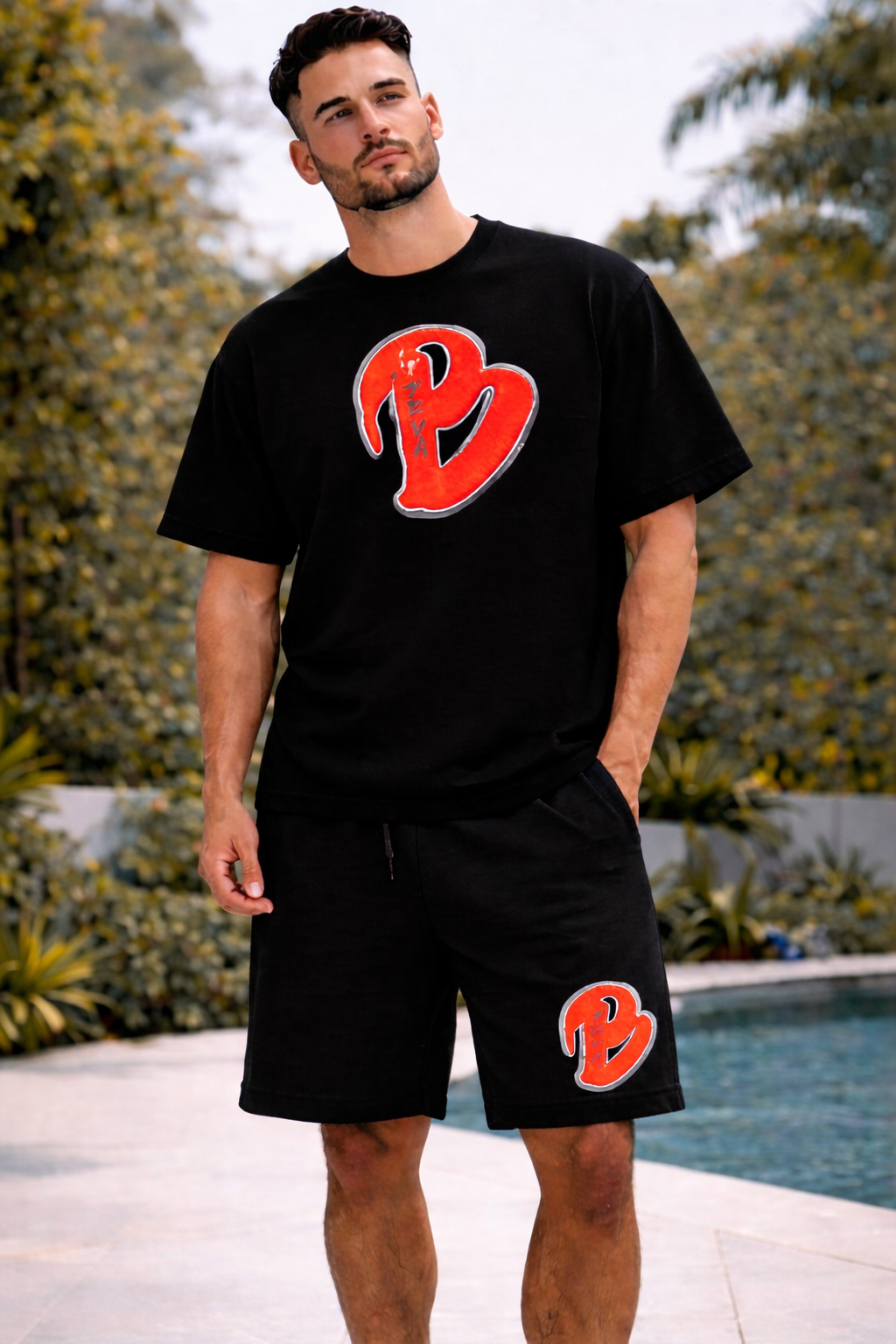 ADULTS BLACK BIG B OVERSIZED SHORTS SET