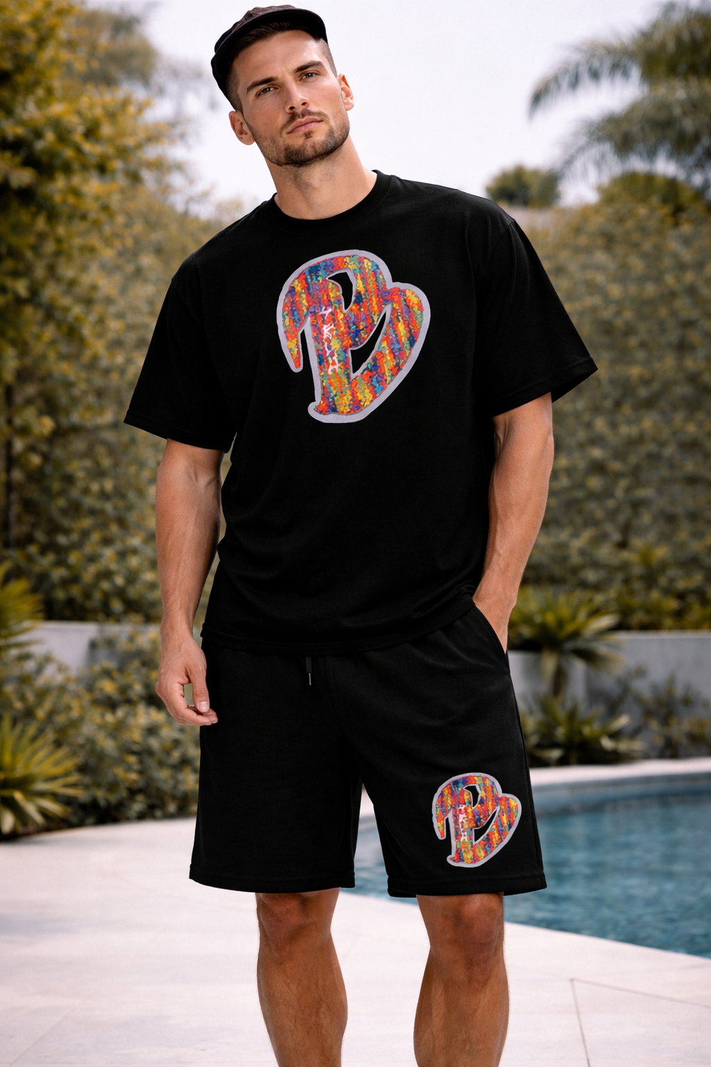 ADULTS BLACK BIG B OVERSIZED SHORTS SET