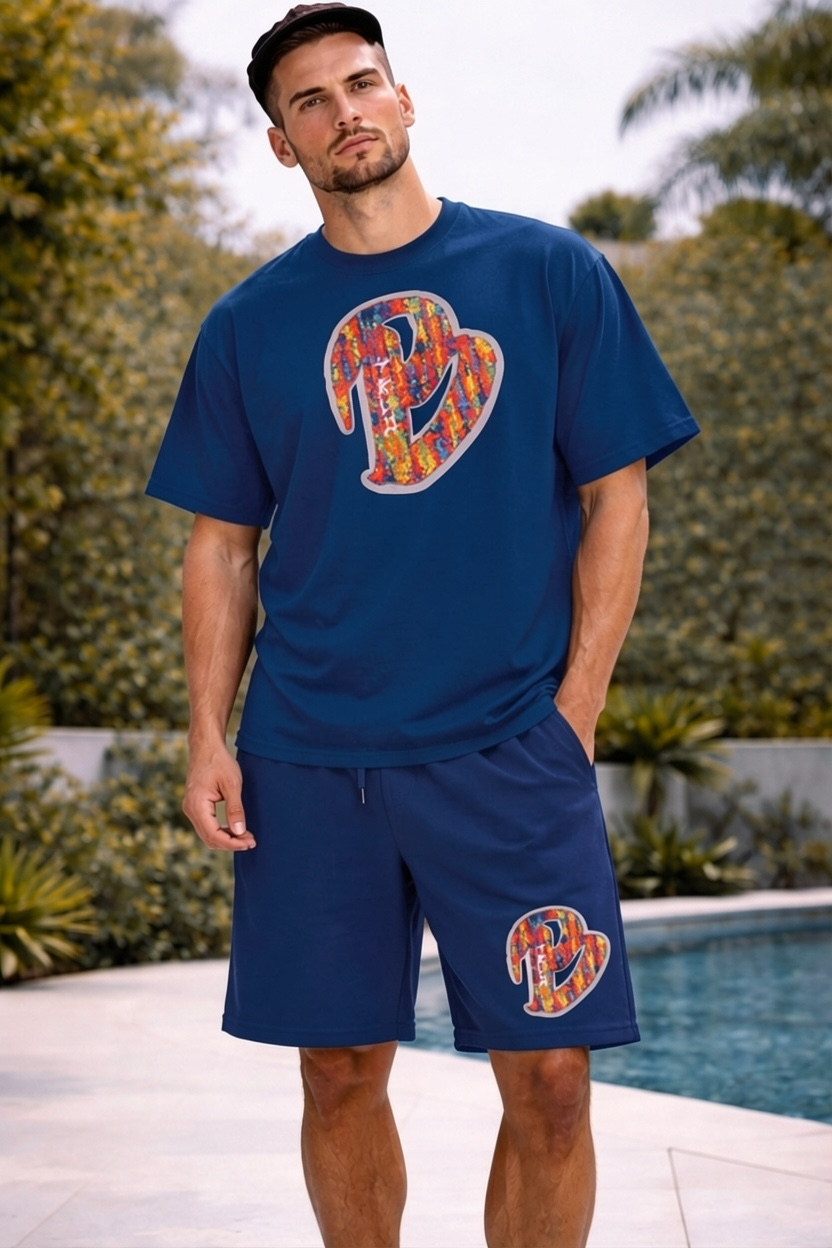 ADULTS NAVY BLUE BIG B OVERSIZED SHORTS SET