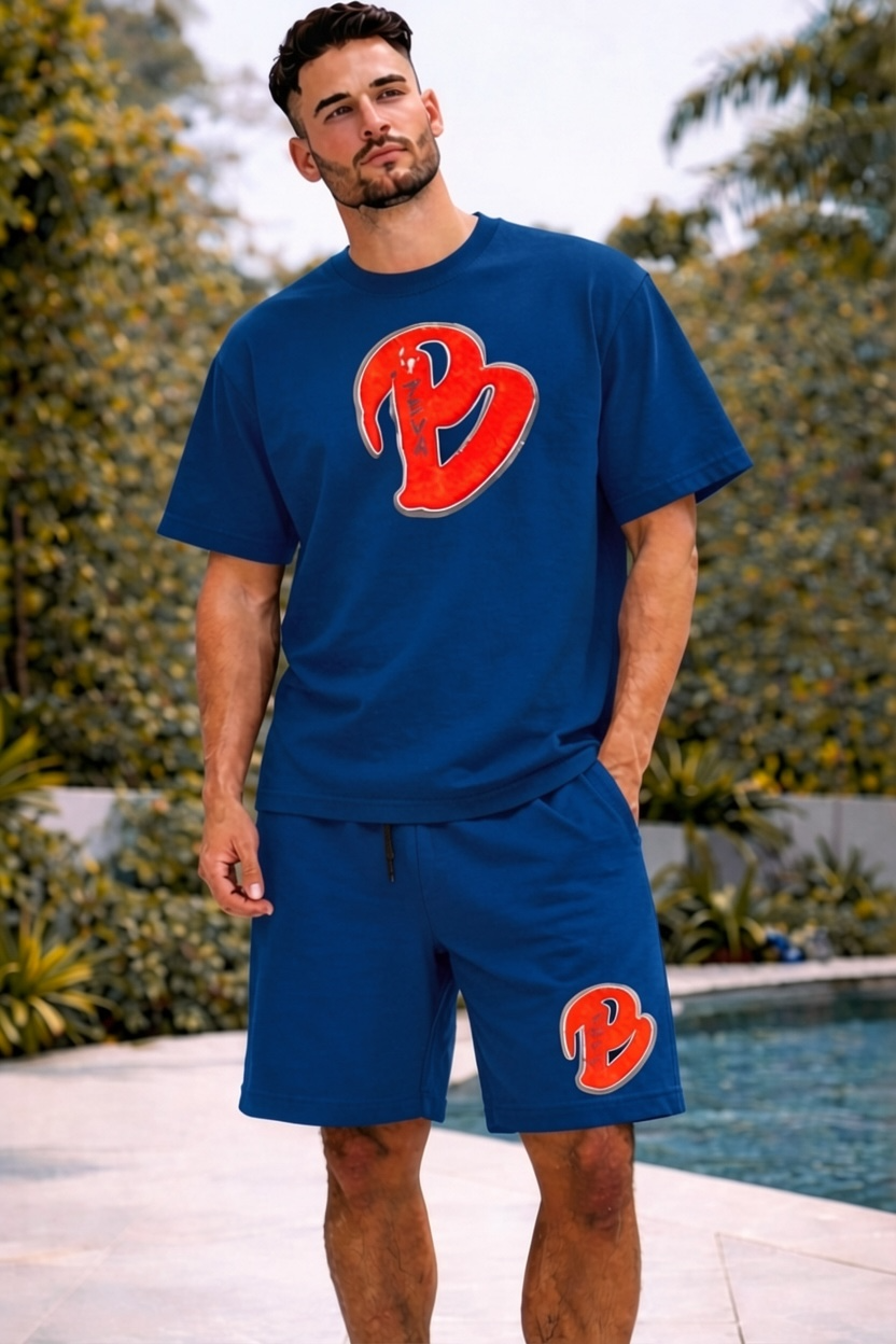 ADULTS NAVY BLUE BIG B OVERSIZED SHORTS SET