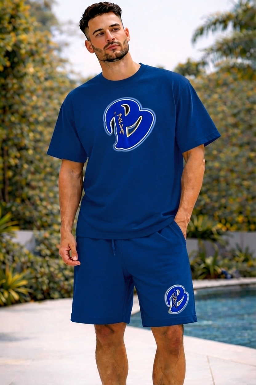 ADULTS NAVY BLUE BIG B OVERSIZED SHORTS SET