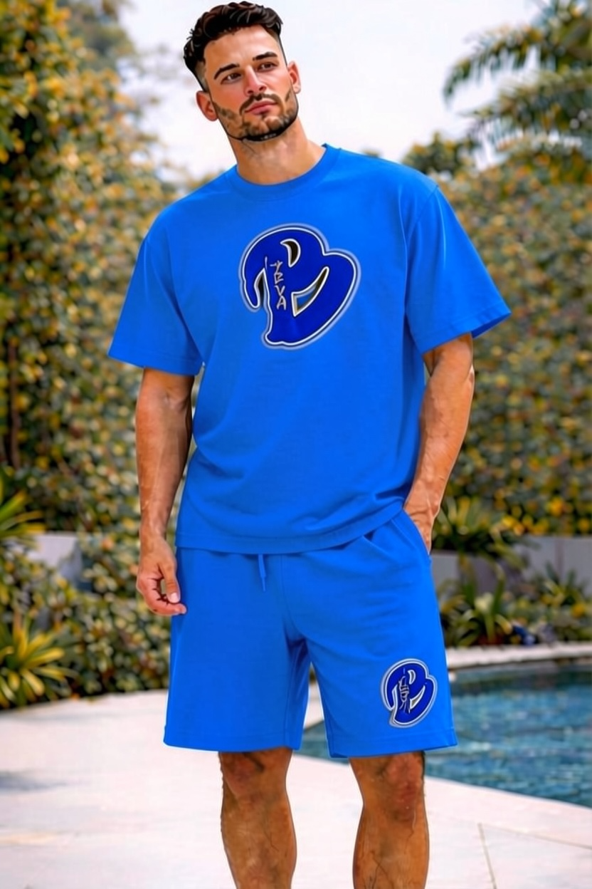 ADULT ROYAL BLUE BIG B ACID DRY OVERSIZED SHORT SET