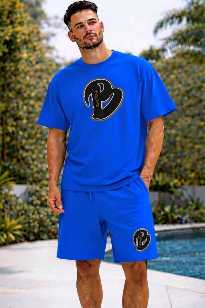 ADULT ROYAL BLUE BIG B ACID DRY OVERSIZED SHORT SET