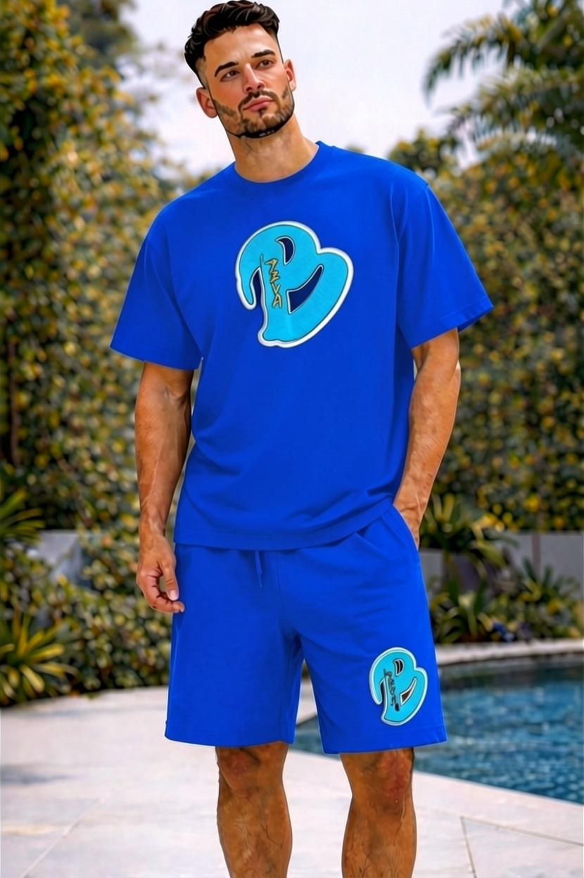 ADULT ROYAL BLUE BIG B ACID DRY OVERSIZED SHORT SET