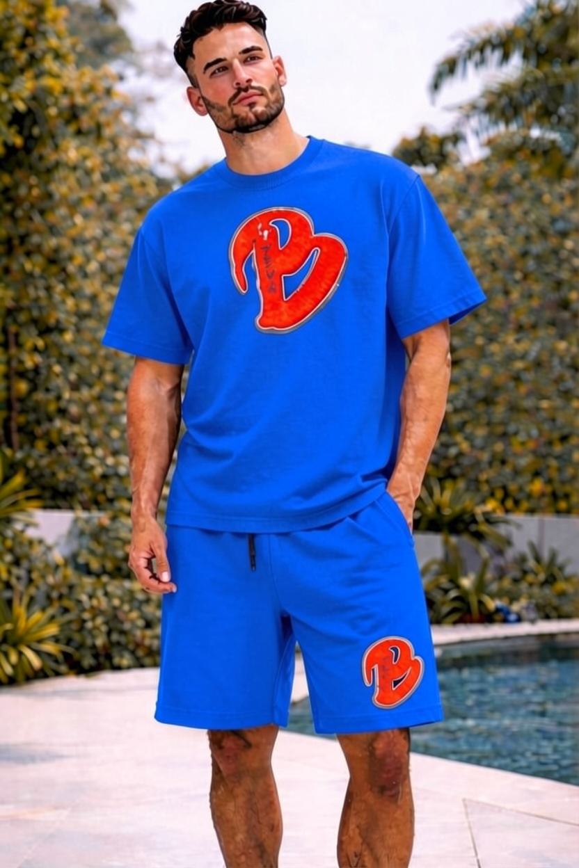 ADULT ROYAL BLUE BIG B ACID DRY OVERSIZED SHORT SET