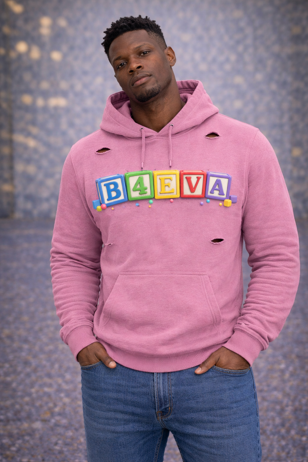 MENS B4EVA BLOCKS DISTRESSED HOODIE