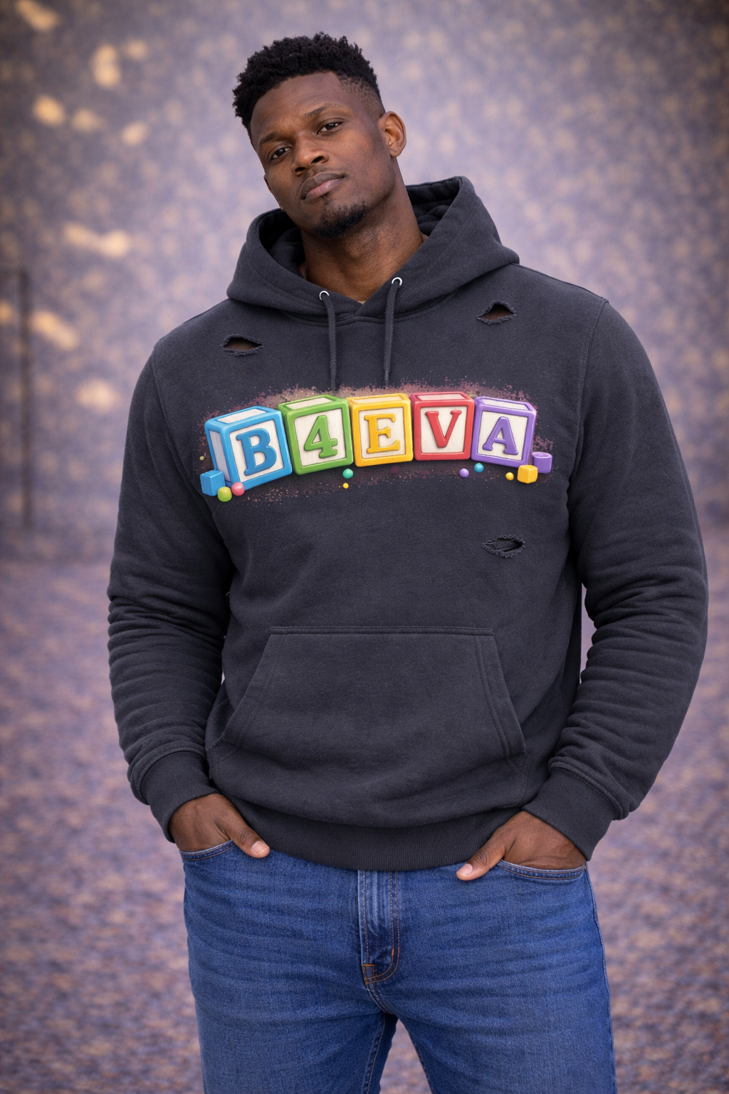 MENS B4EVA BLOCKS DISTRESSED HOODIE