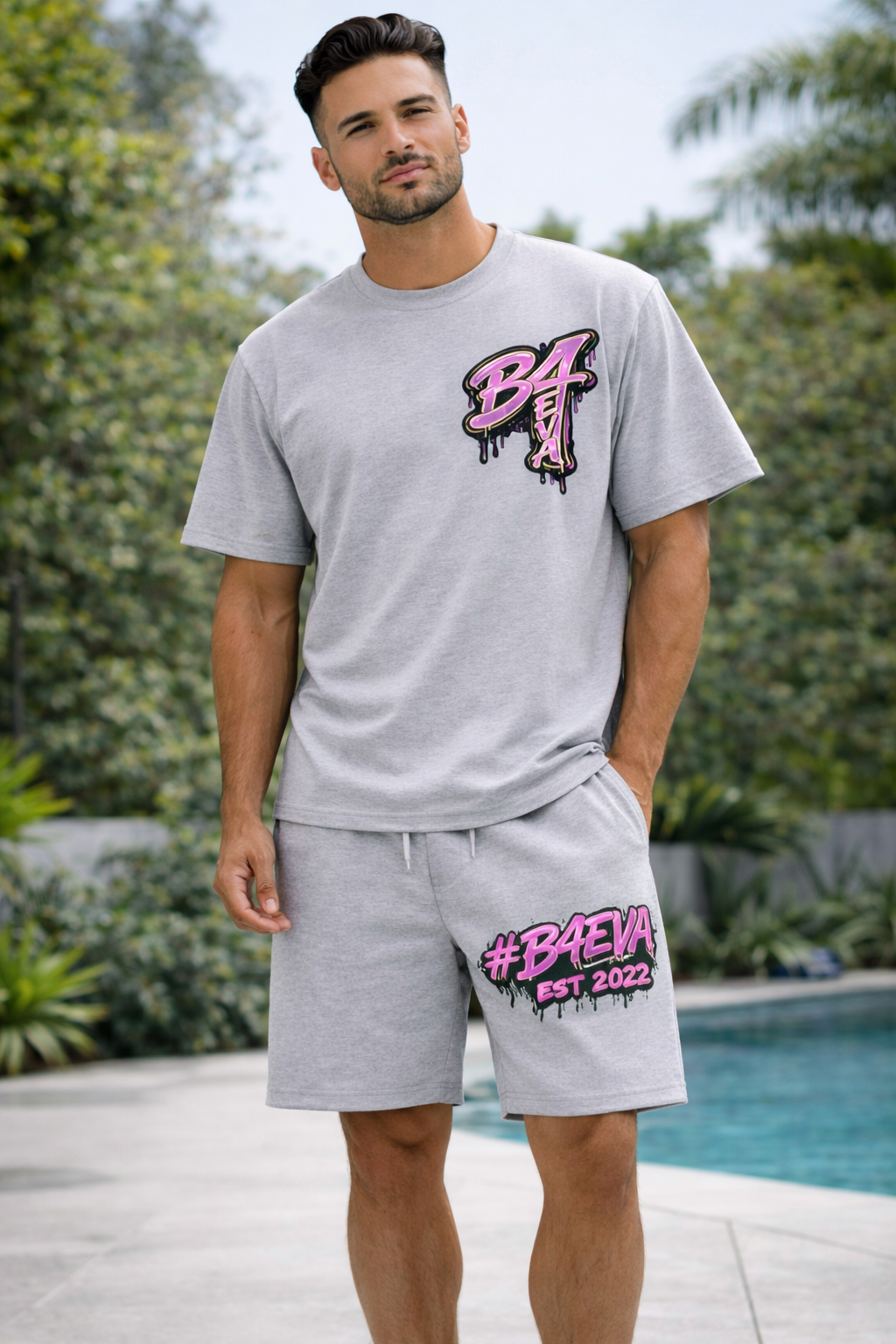 ADULTS HEATHER GREY B4EVA GRAFFITTI OVERSIZED SHORTS SET