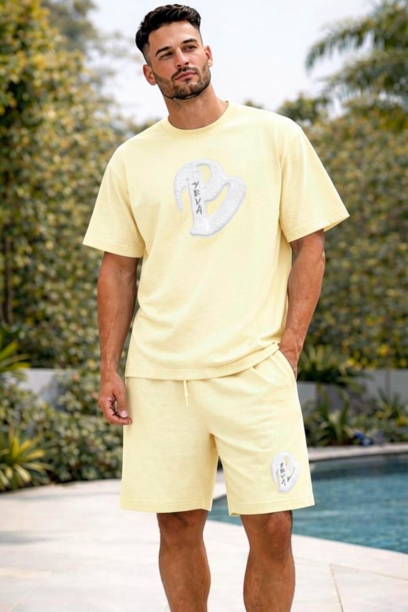 ADULTS YELLOW BEIGE BIG B OVERSIZED SHORTS SET