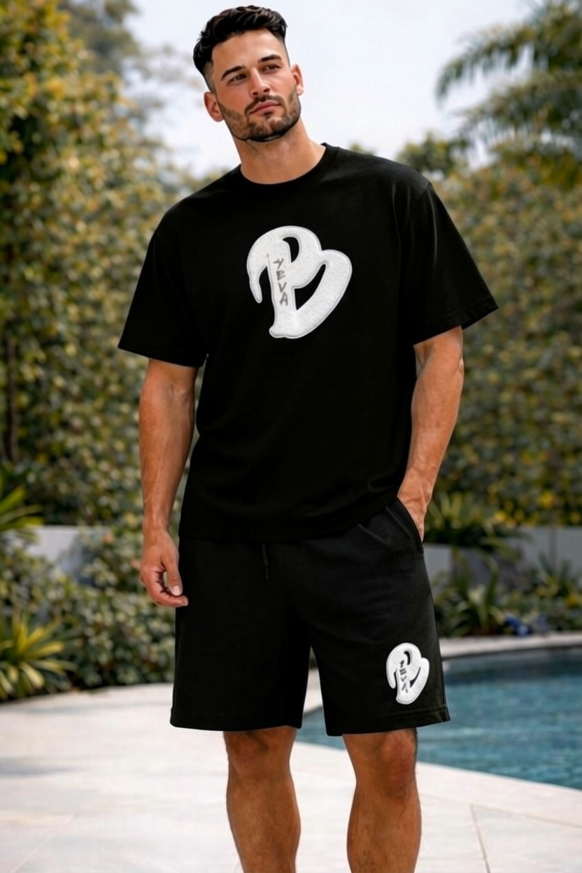 ADULTS BLACK BIG B OVERSIZED SHORTS SET