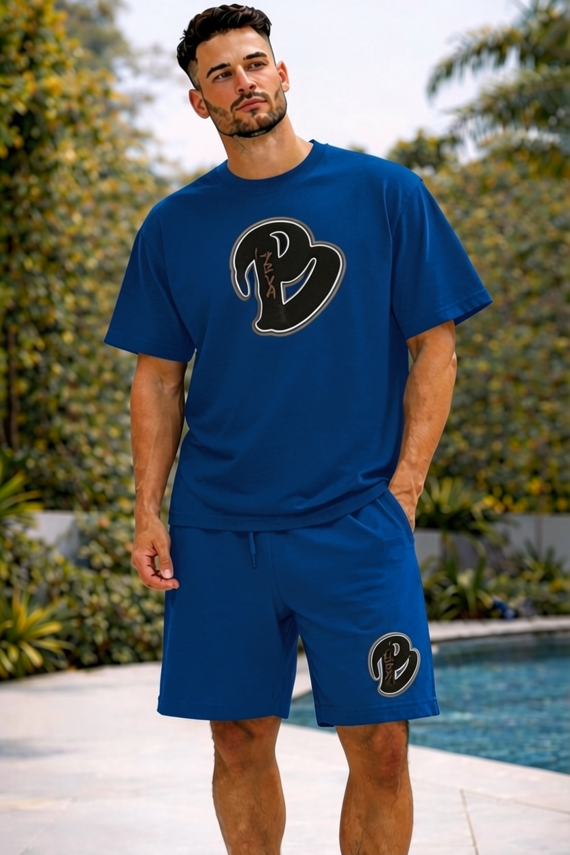 ADULTS NAVY BLUE BIG B OVERSIZED SHORTS SET